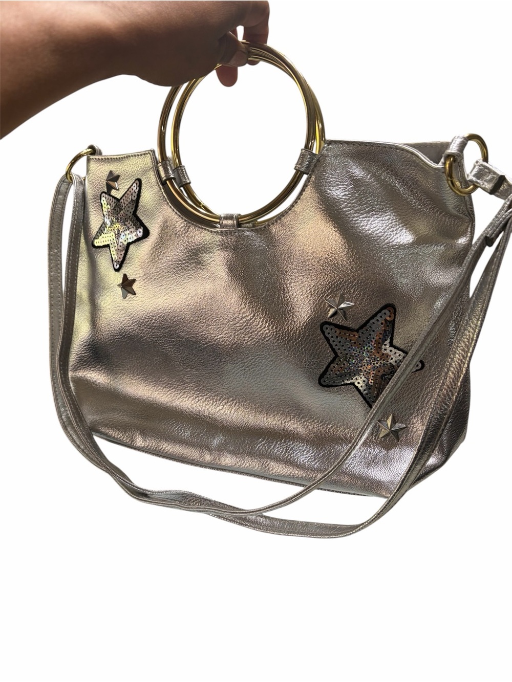 T-Shirt & Jeans Metallic Silver Star Tote with Gold Ring Handles